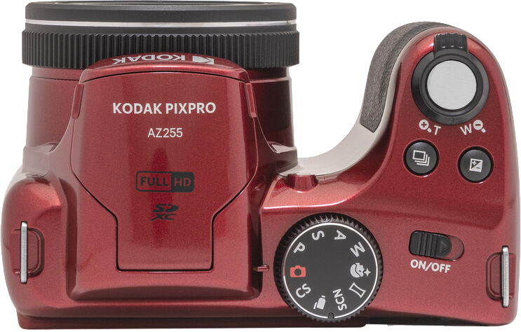 Felülnézet egy piros Kodak Pixpro AZ255 fényképezőgépről.