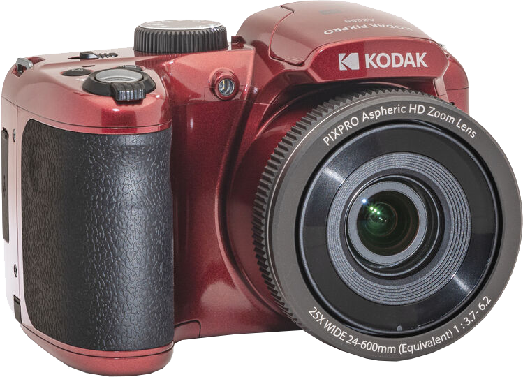 Egy piros Kodak fényképezőgép objektívvel, Kodak Pixpro A255. A kamera piros testtel és fekete objektívvel rendelkezik.