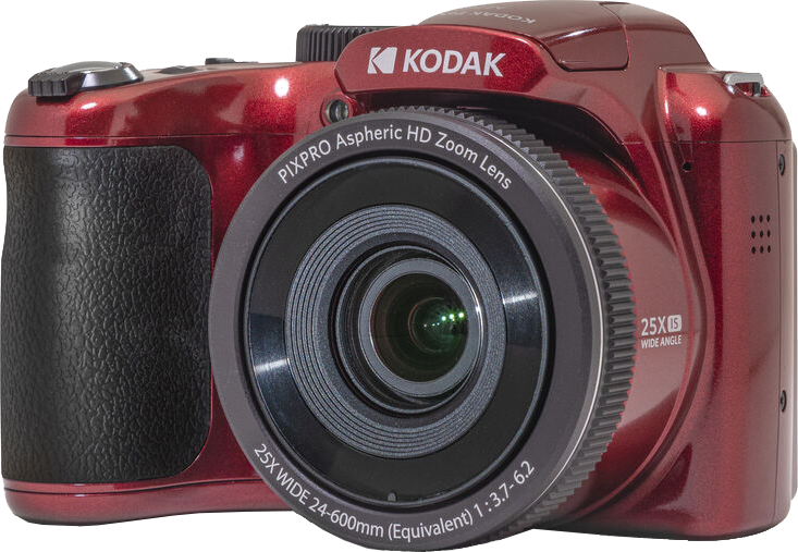 Piros Kodak digitális fényképezőgép objektívvel. Kodak logó. 25X zoom. Széles látószög. Izolált.