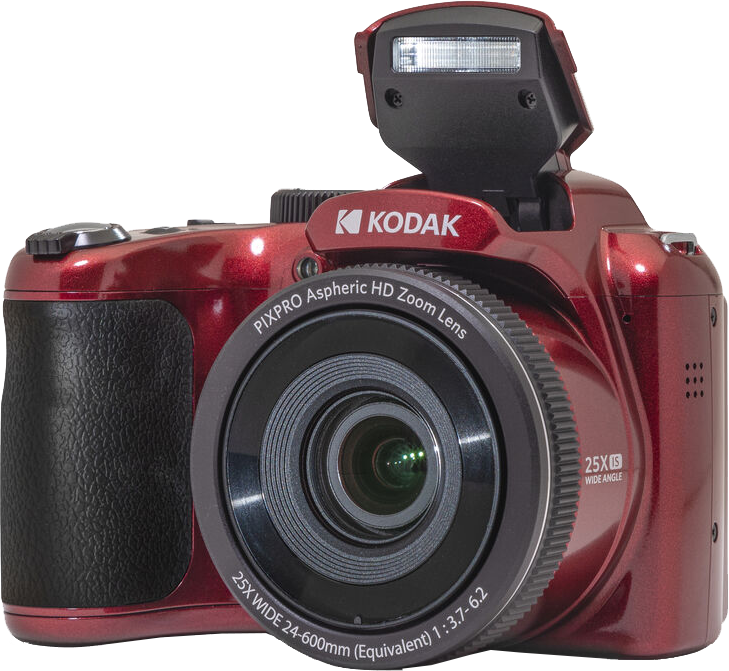Piros Kodak digitális fényképezőgép felnyitott vakuval és objektívvel. Kodak logóval. Izolált.
