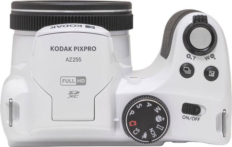 Fehér Kodak Pixpro kamera, felülnézet. Módválasztó tárcsa, bekapcsoló gomb és egyéb vezérlők láthatók.