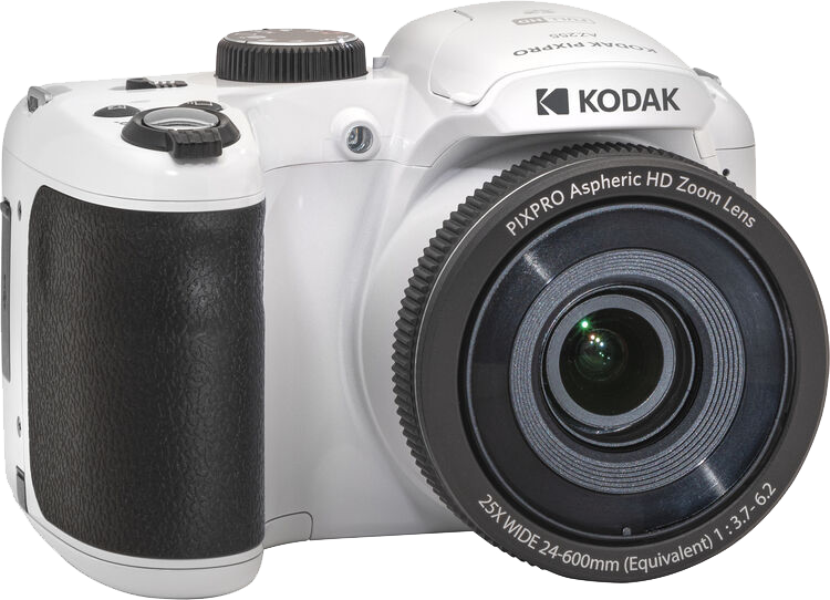 Fehér Kodak fényképezőgép fekete lencsével, fehér háttér előtt.
