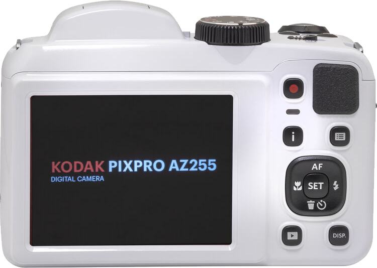 Egy fehér Kodak Pixpro AZ255 digitális fényképezőgép hátulja képernyővel és gombokkal.