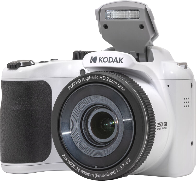 Fehér Kodak fényképezőgép felugró vakuval és nagy objektívvel, jobbra dőlve.