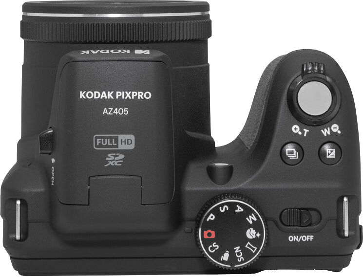 A Kodak Pixpro AZ405 kamera felülnézete, a vezérlők és az objektív láthatók.