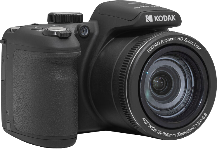 Fekete Kodak Pixpro kamera, jobbra dőlve, fehér háttér előtt.
