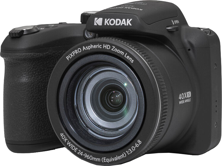 Kodak Pixpro kamera, fekete, nagylátószögű zoom objektívvel és különféle vezérlőkkel.