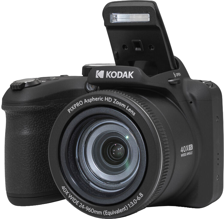 Fekete Kodak Pixpro kamera nyitott vakuval és zoom objektívvel.