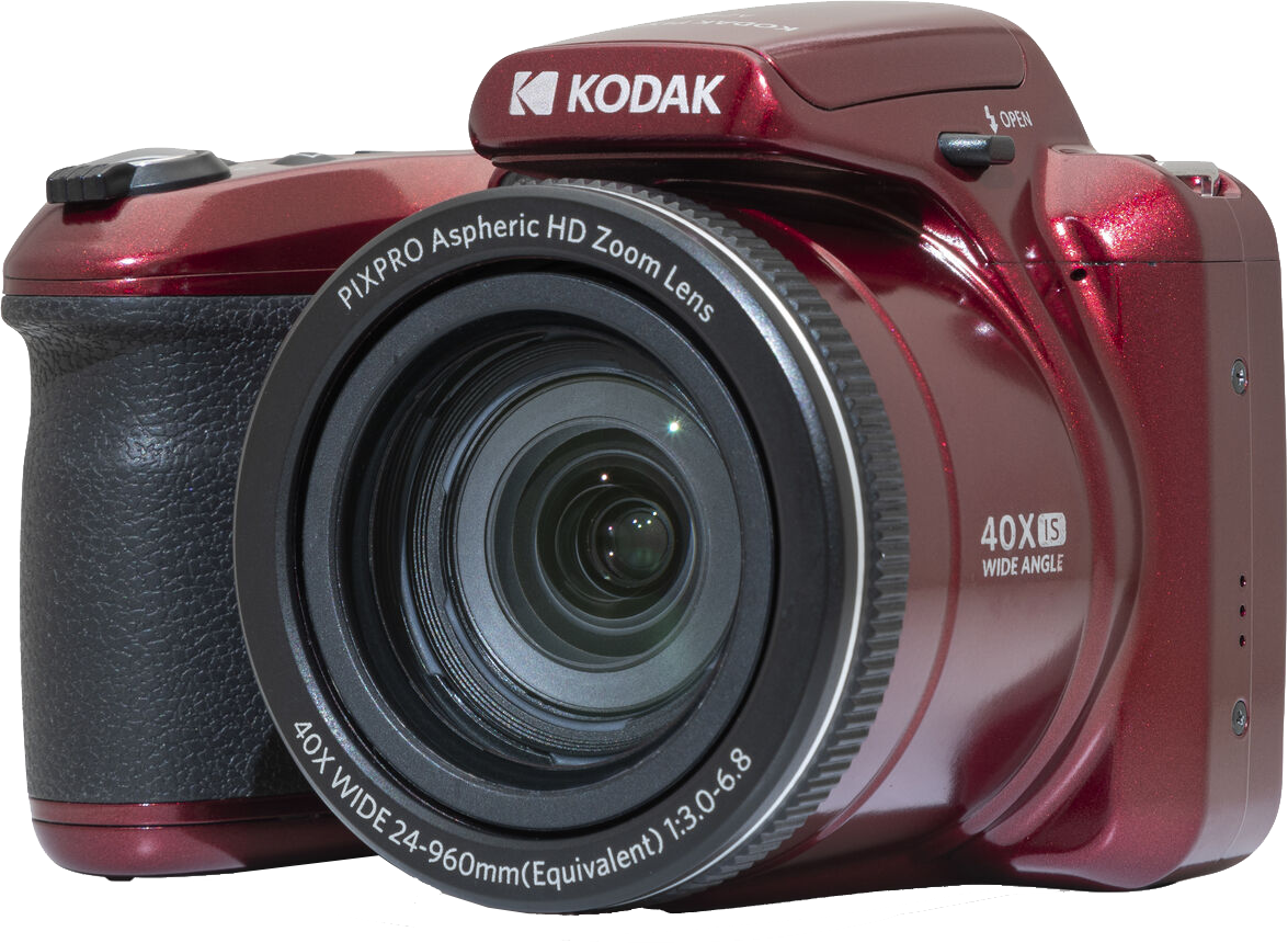Egy piros Kodak Pixpro fényképezőgép zoom objektívvel, átlátszó háttér előtt.