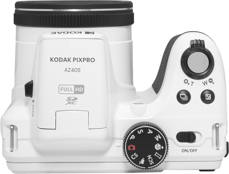 Fehér Kodak Pixpro AZ405 kamera. A kamerának fekete objektívje és több gombja van.