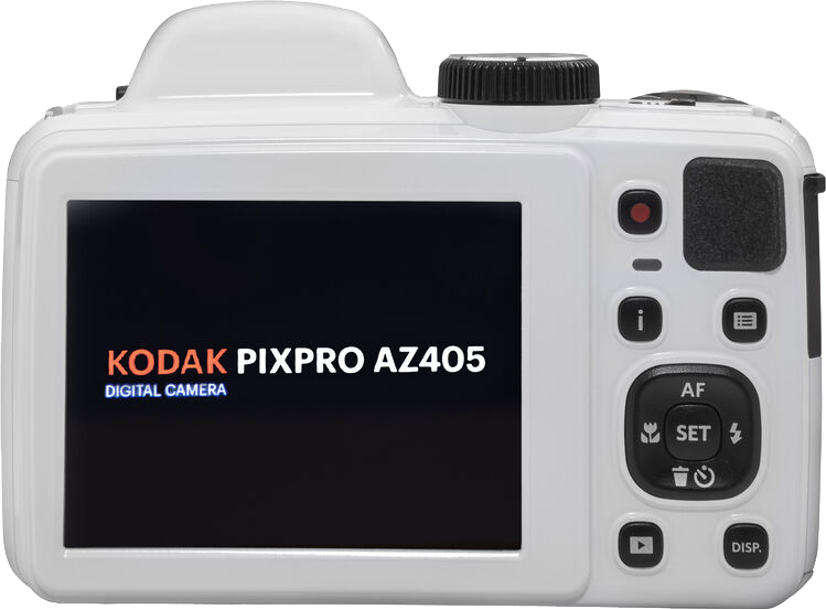 A fehér Kodak Pixpro AZ405 digitális fényképezőgép hátulnézete.