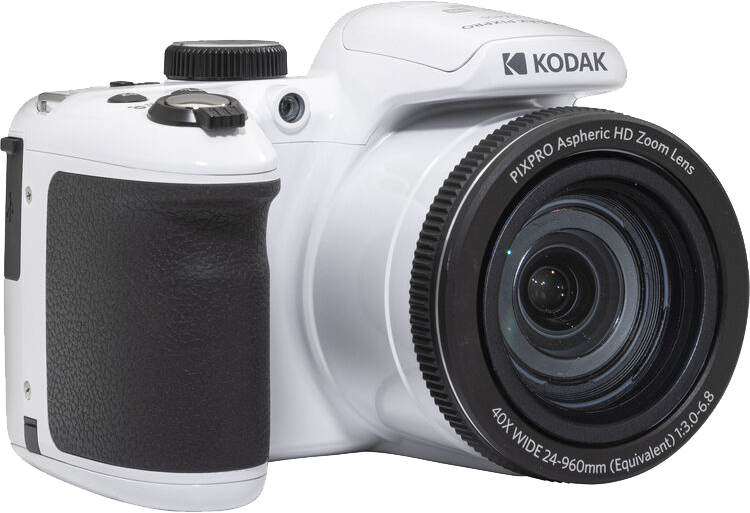 Fehér Kodak Pixpro kamera. Fekete objektív, markolat és tárcsa. Kodak logó felül.