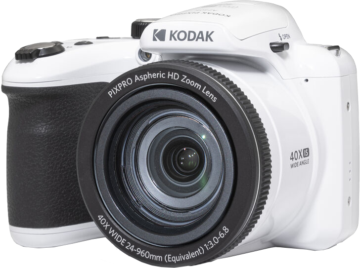 Fehér Kodak Pixpro kamera fekete objektívvel és texturált fekete markolattal, fehér háttér előtt.