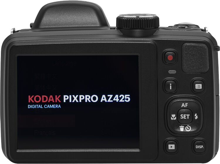 Egy Kodak Pixpro AZ425 fényképezőgép. A hátulján a képernyő és gombok láthatók, a Kodak és a Pixpro logóval.