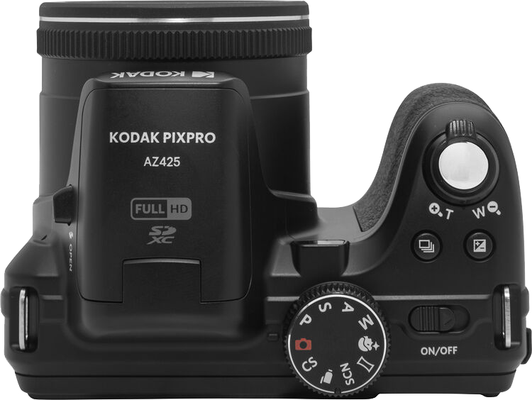 Fekete Kodak Pixpro AZ425 kamera felülnézete, vezérlőkkel.