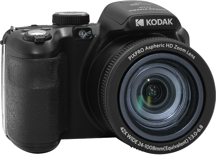 Fekete Kodak Pixpro kamera 42x zoom objektívvel, fekete objektívvel és testtel.