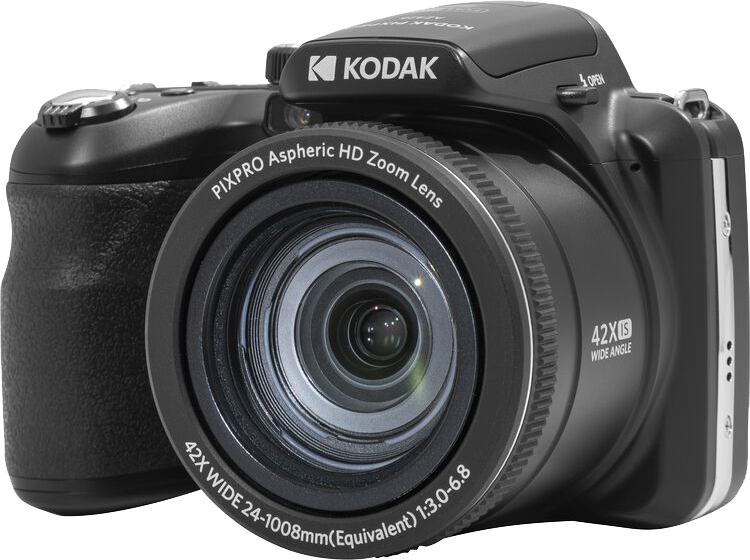 Fekete Kodak Pixpro kamera nagy objektívvel és 42x zoommal, ferde nézetből.