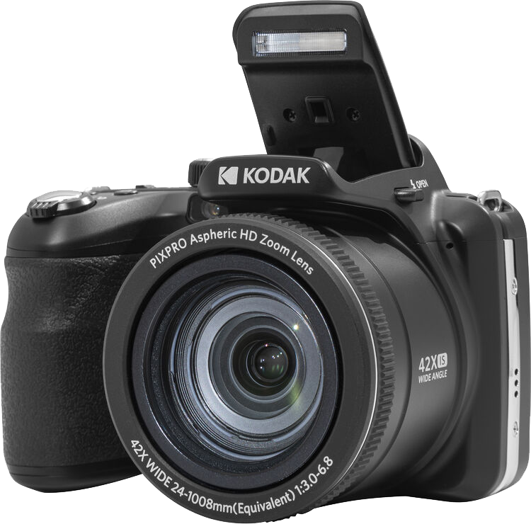 Fekete Kodak fényképezőgép vakuval, nyitott objektívvel és zoom objektívvel.
