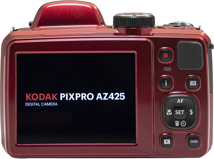 Egy piros Kodak Pixpro AZ425 digitális fényképezőgép hátulja.