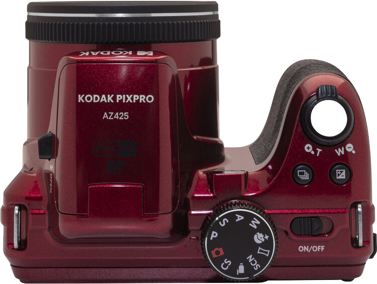 Piros Kodak Pixpro AZ425 kamera felülnézetből. Fekete fogantyú, módválasztó tárcsa és be/ki gomb található rajta.