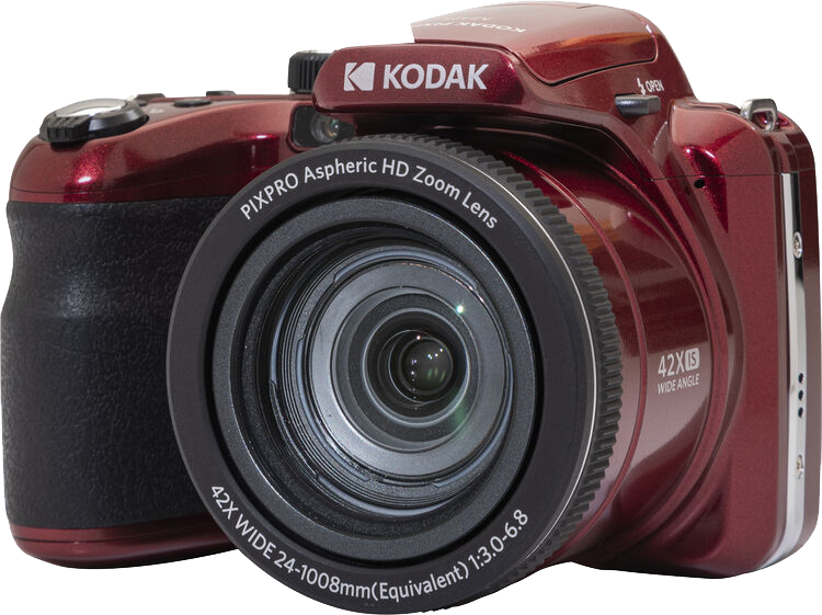 Egy piros Kodak Pixpro kamera nagy objektívvel és zoom részletekkel.
