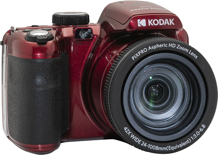 Piros Kodak fényképezőgép objektívvel és sok gombbal.