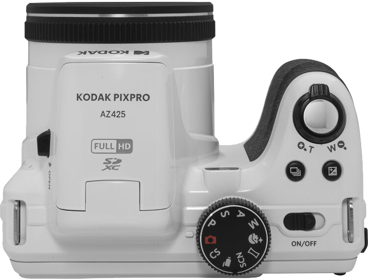 Egy fehér Kodak Pixpro AZ425 kamera, felülnézet. Gombok, tárcsák és Full HD kijelző.