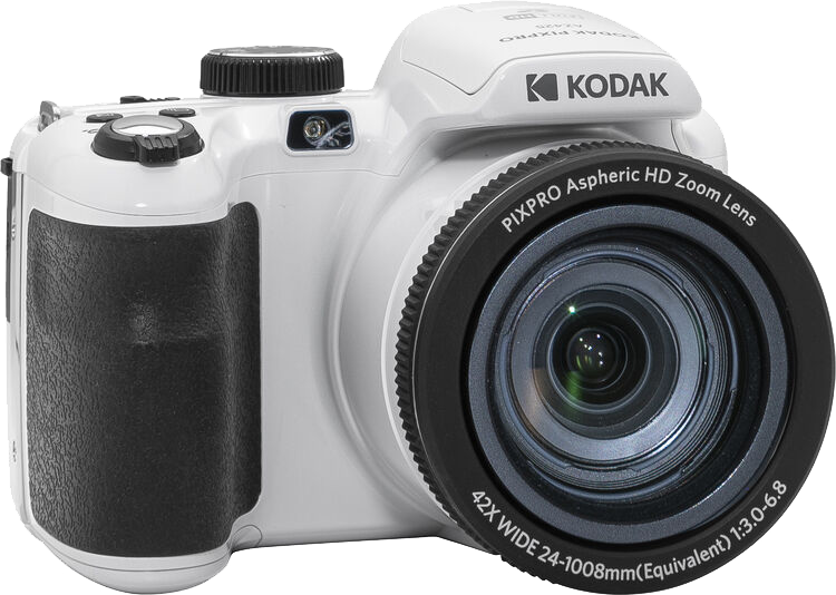 Fehér Kodak Pixpro kamera fekete objektívvel, ferde felvétel.