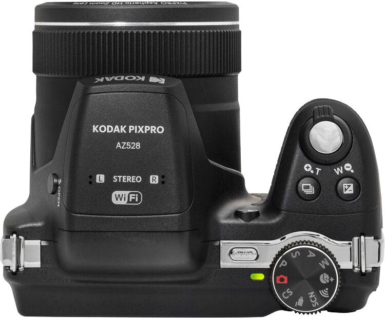Kodak Pixpro kamera, felülnézet, fekete test objektívvel, gombokkal és üzemmód tárcsával.