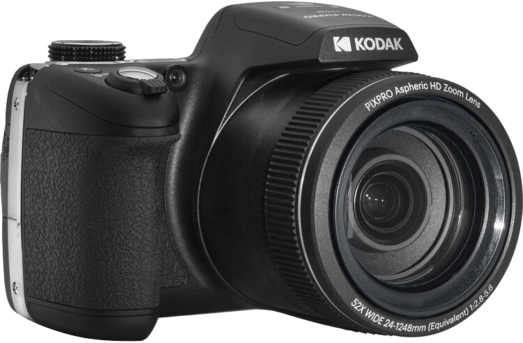 Egy fekete Kodak Pixpro digitális fényképezőgép zoom objektívvel. Fehér háttér.