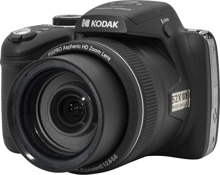 Egy fekete Kodak Pixpro kamera nagy objektívvel, gombokkal és képernyővel. Fehér háttér.