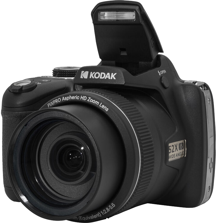 Fekete Kodak digitális fényképezőgép nyitott vakuval, látható objektív részletek, nagylátószögű zoom objektív.