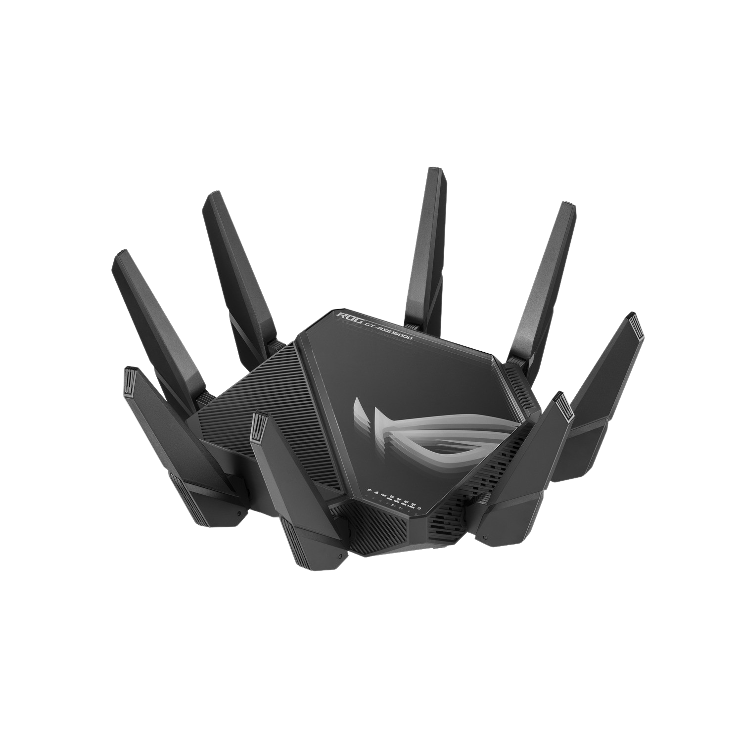 Black ROG router with multiple antennas, set against a black background. The router's design is visible.