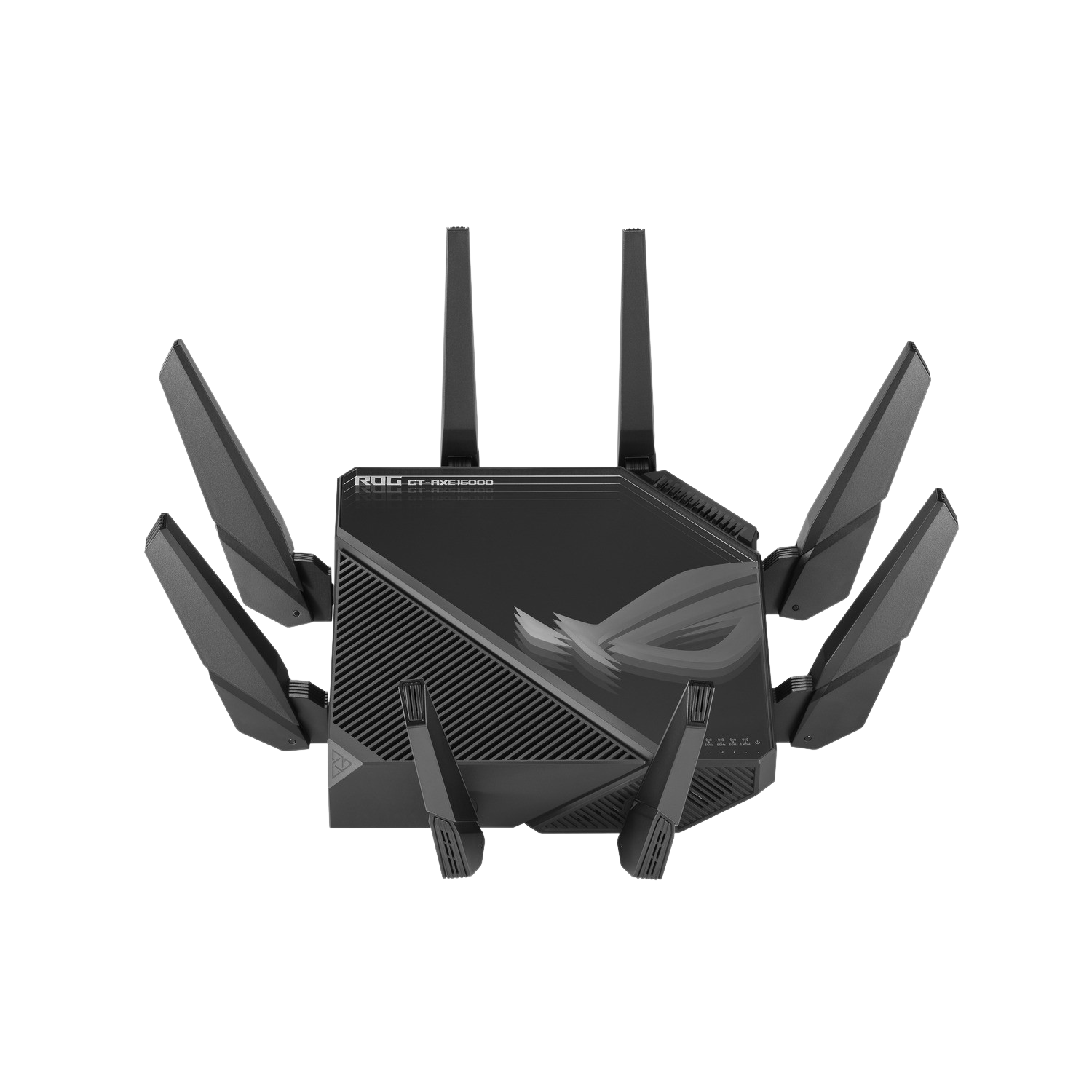 A black ROG router with multiple antennas extending outwards.