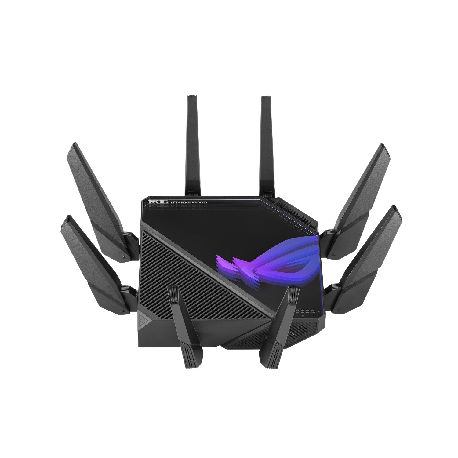 Black router with antennas, with a logo and colorful lights on the top.