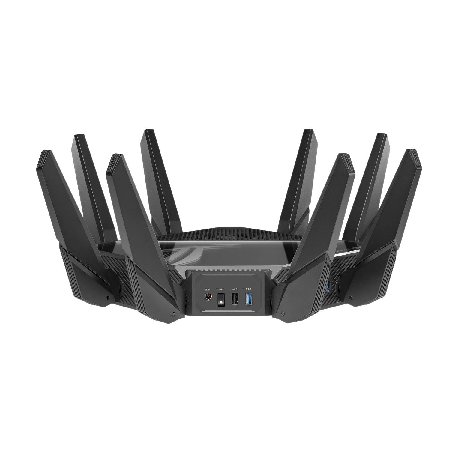 Black Wi-Fi router with multiple antennas, on a black background.