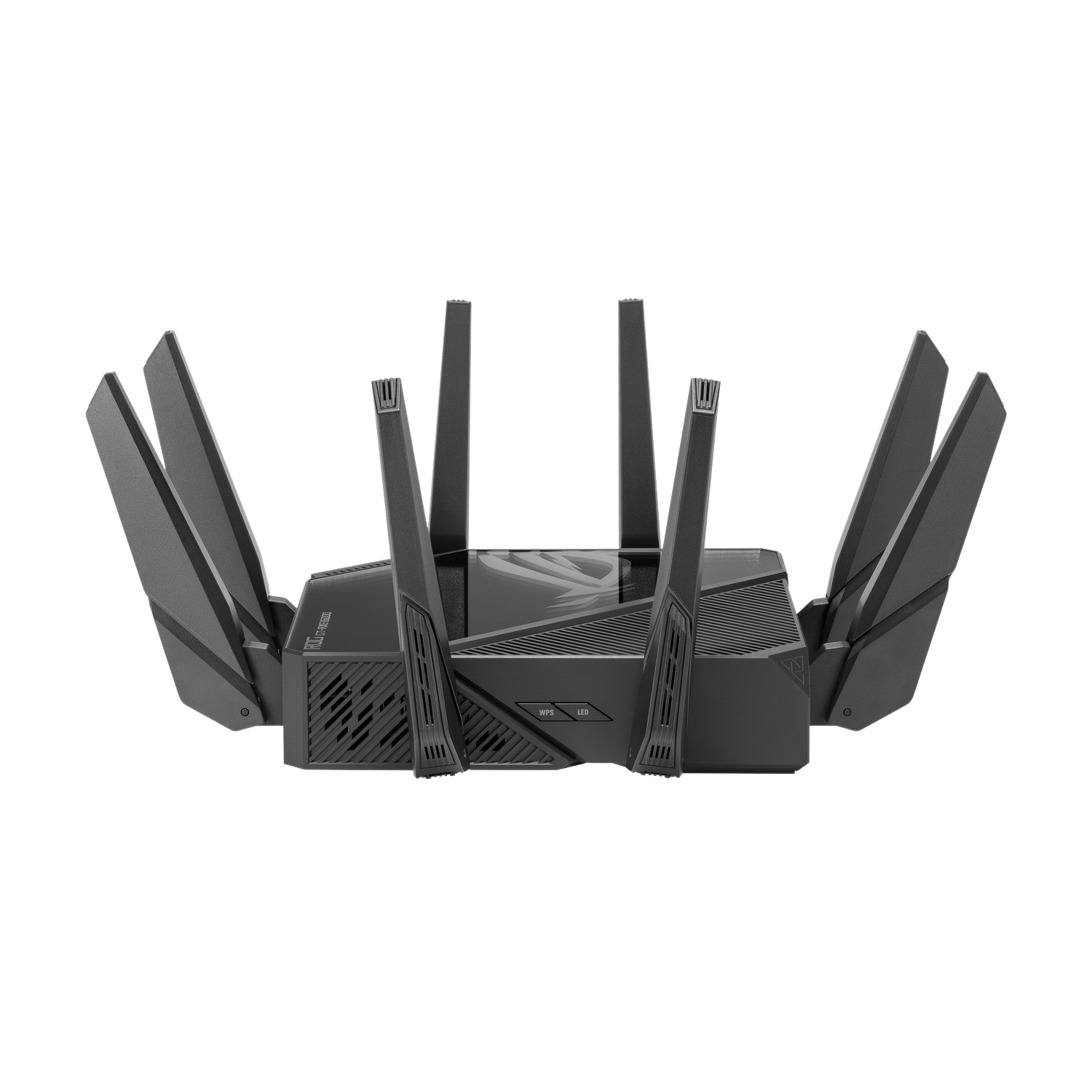 Black router with multiple antennas, set against a black background.