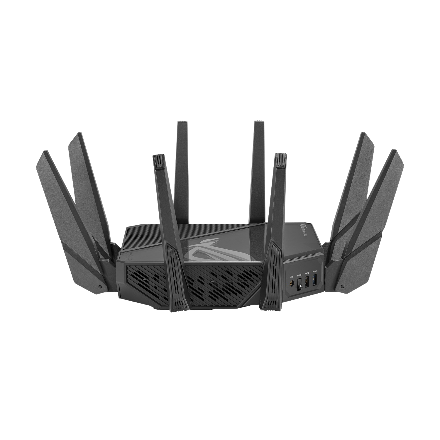 Black router with multiple antennas fanned out, against a black background. Close-up shot.