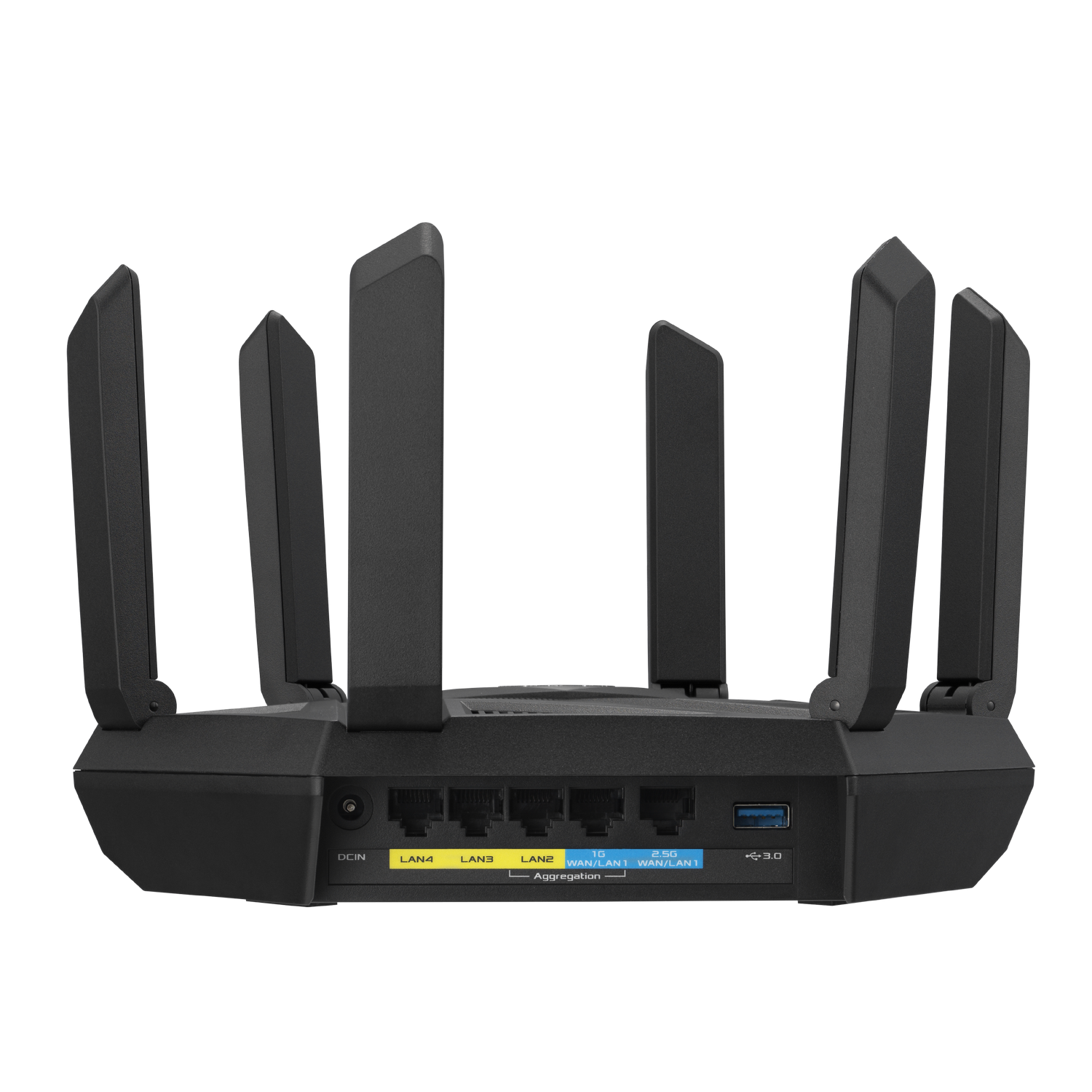 Zwarte router met antennes, poorten en labels. Zwarte achtergrond.