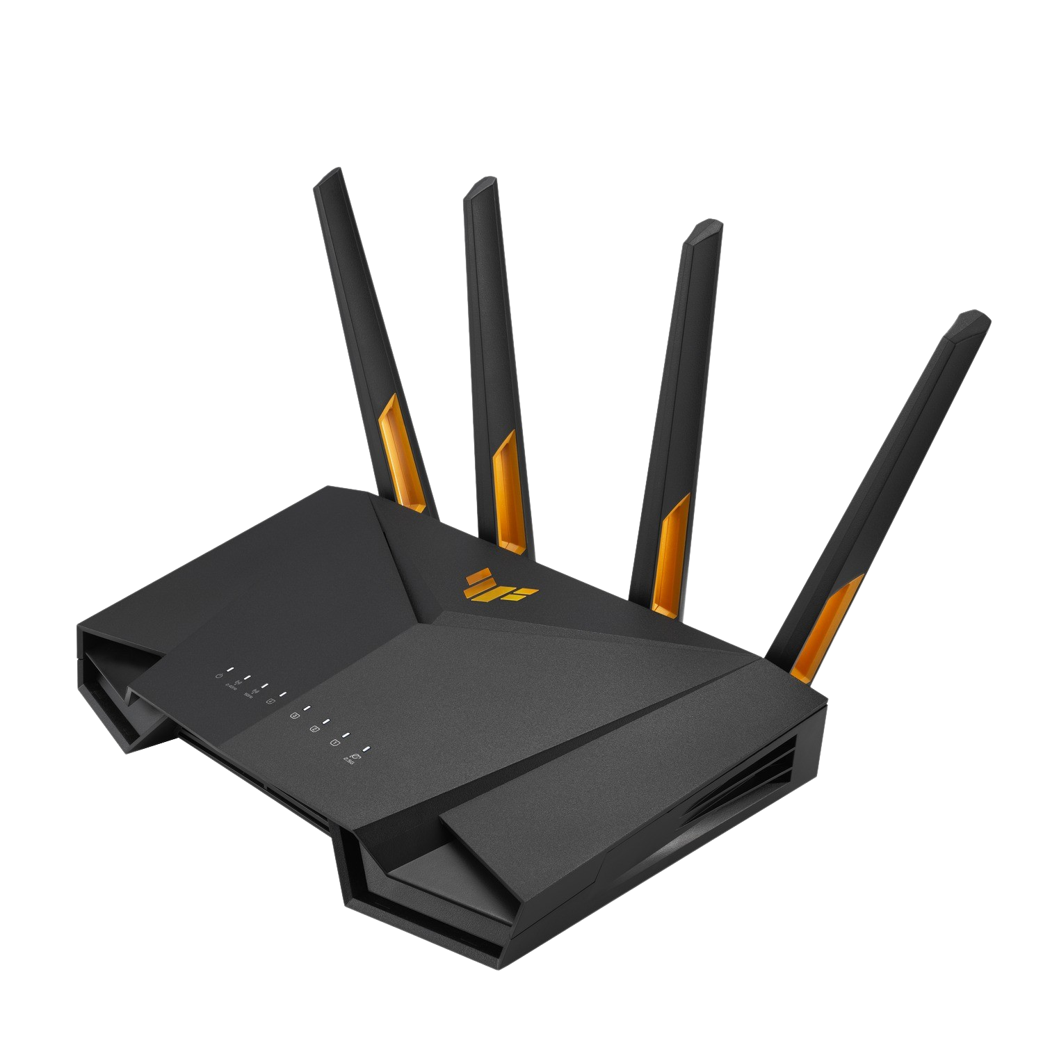 A black router with four black and orange antennas.