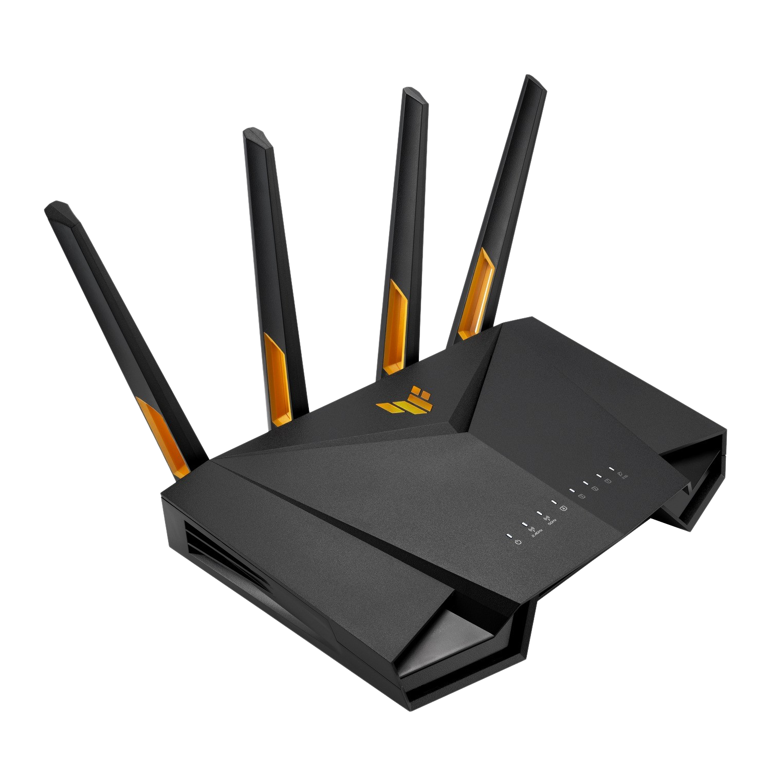 A black router with four antennas. The ASUS logo is visible on the front.