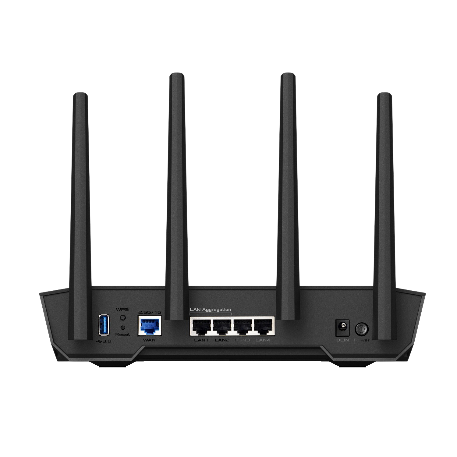 Back of a black router with antennas and ports: USB, WAN, LAN, and power ports.