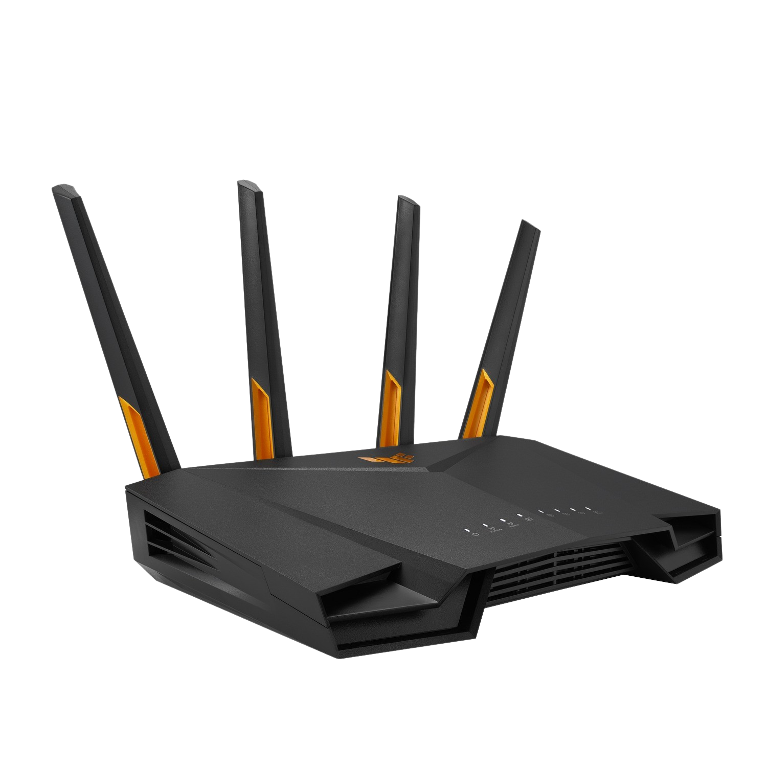 Black router with four antennas, gold accents, and multiple lights on the front.