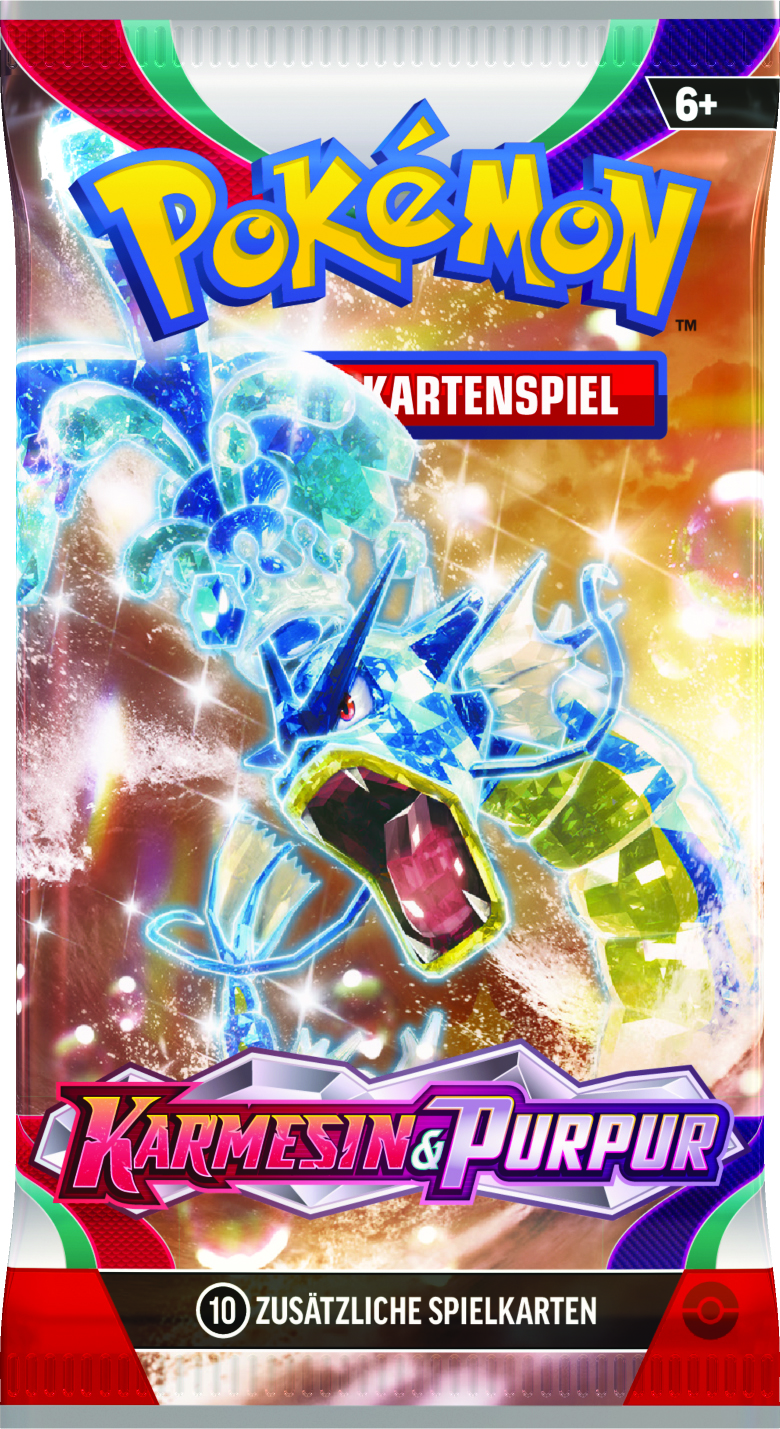 Pokemon-Kartenpackung mit einer blauen Drachenillustration. Der Text lautet: Karmesin & Purpur.