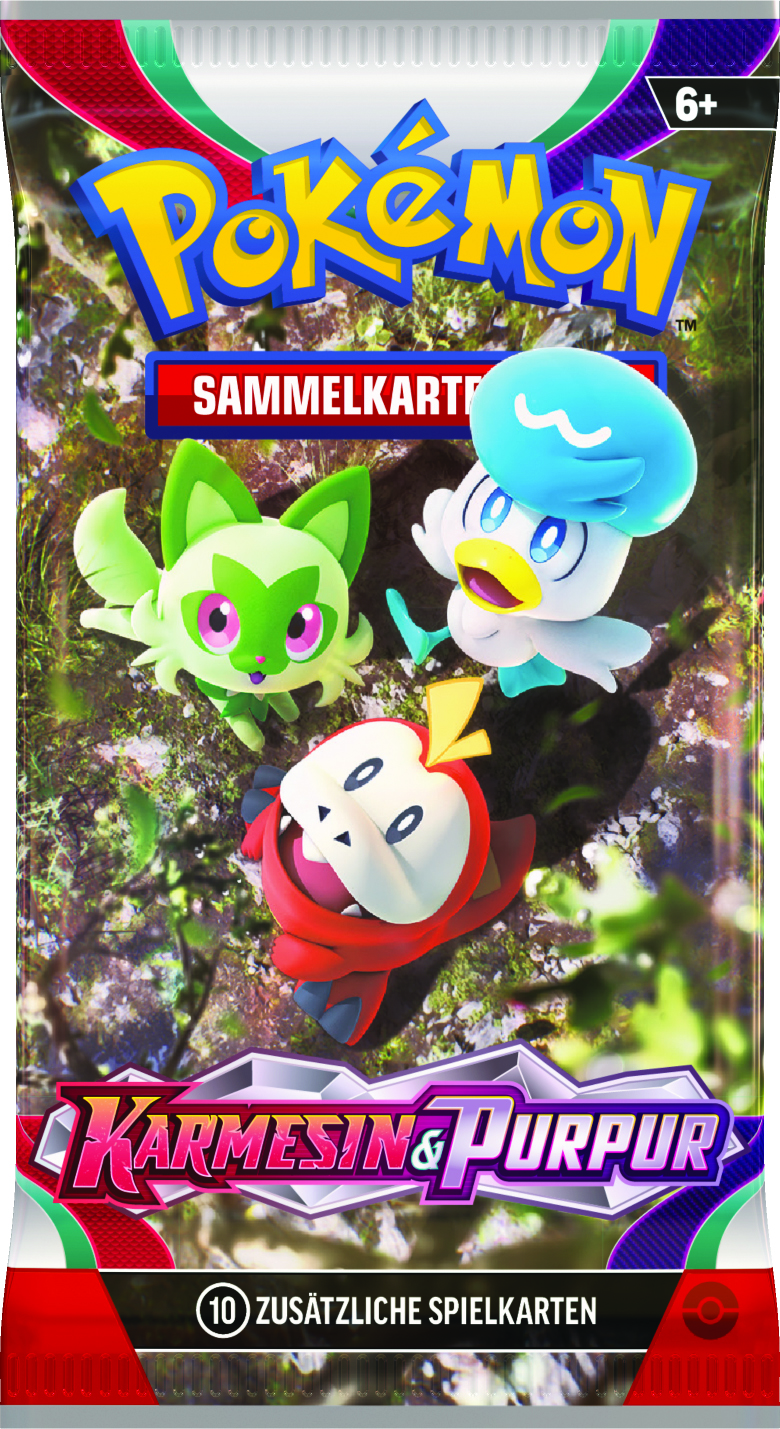 Pokemon-Kartenpackung mit drei Charakteren und dem Titel 'Karmesin & Purpur'.