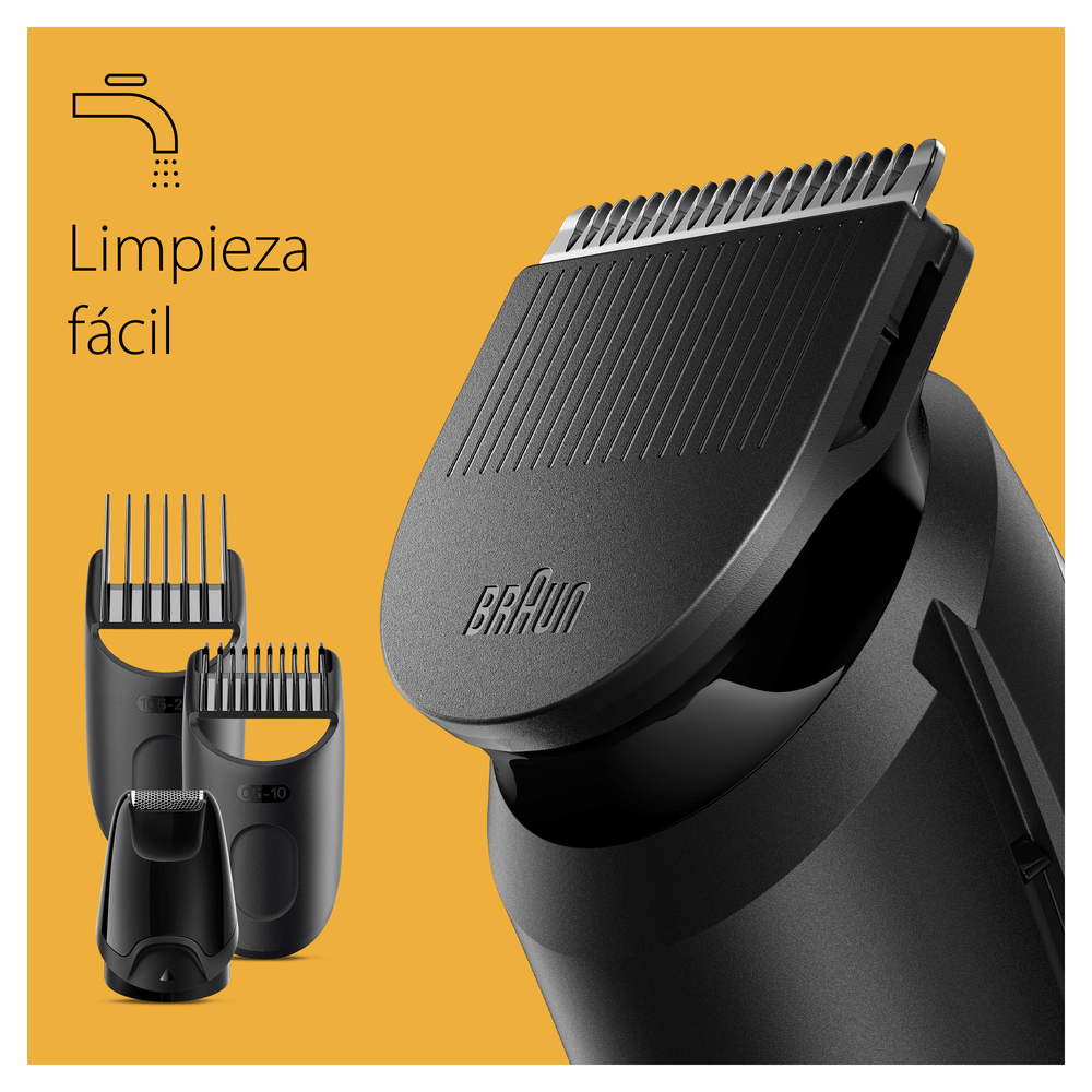 Primer plano de una recortadora negra con tres accesorios. Texto: 'Limpieza fácil' sobre fondo amarillo.