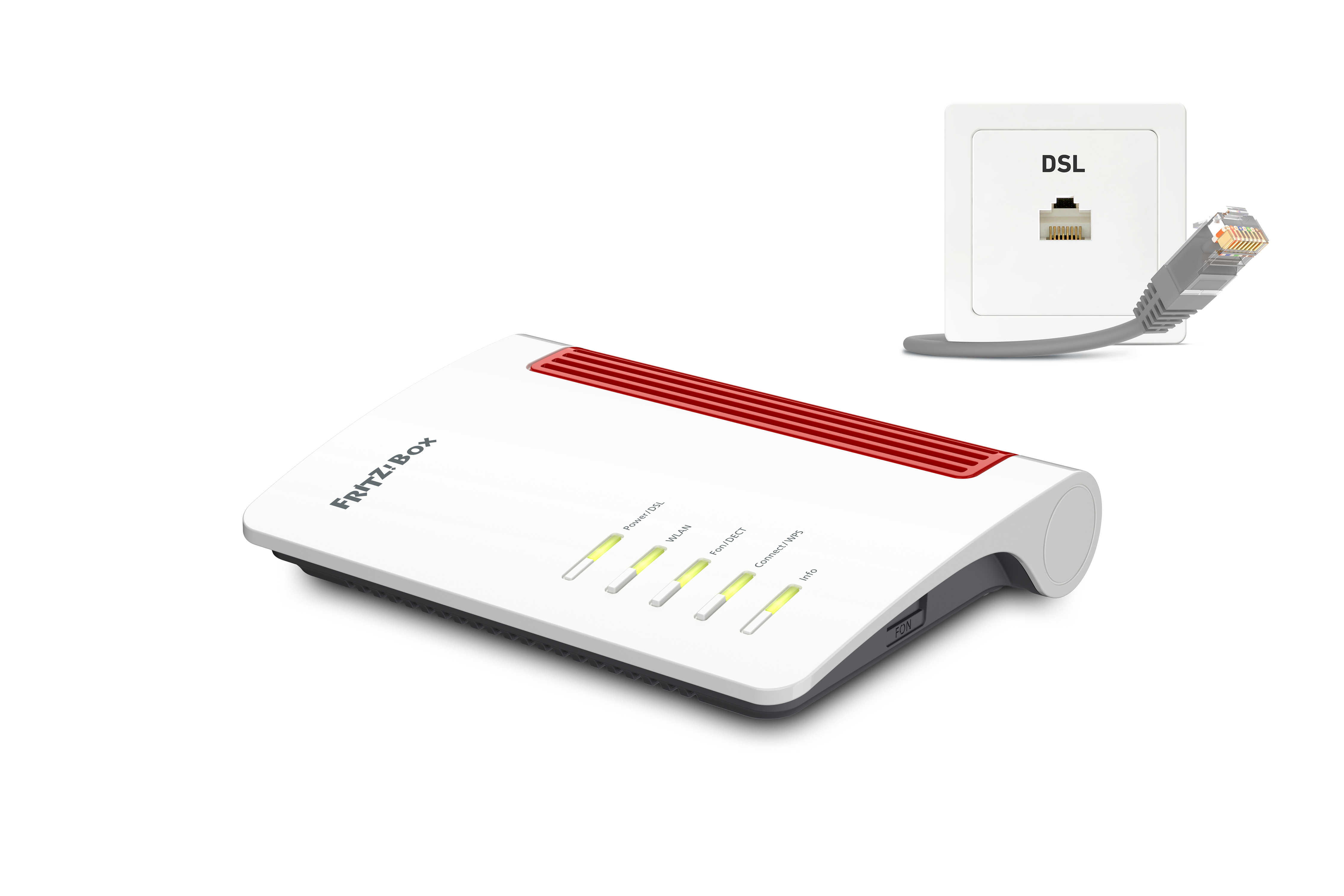 Ein weißer Router mit einem DSL-Anschluss, ein Kabel, das mit einer DSL-Wandsteckdose verbunden ist.