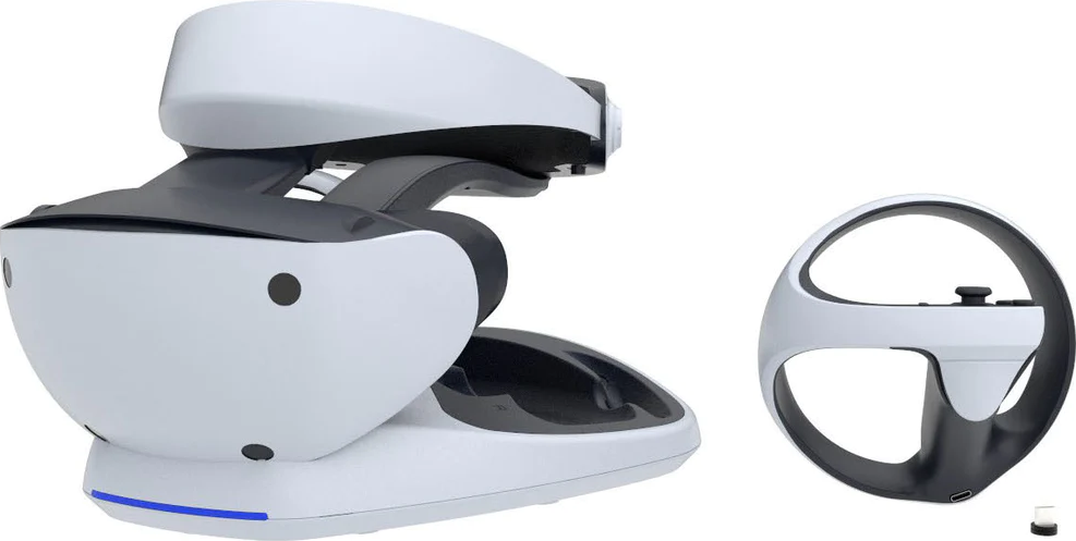Un visore VR e un controller su una base bianca. Schema di colori bianco e nero. Sfondo bianco.