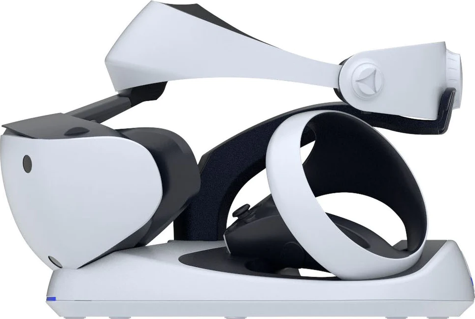 Un visore VR bianco e nero su un supporto. È un dispositivo di realtà virtuale.