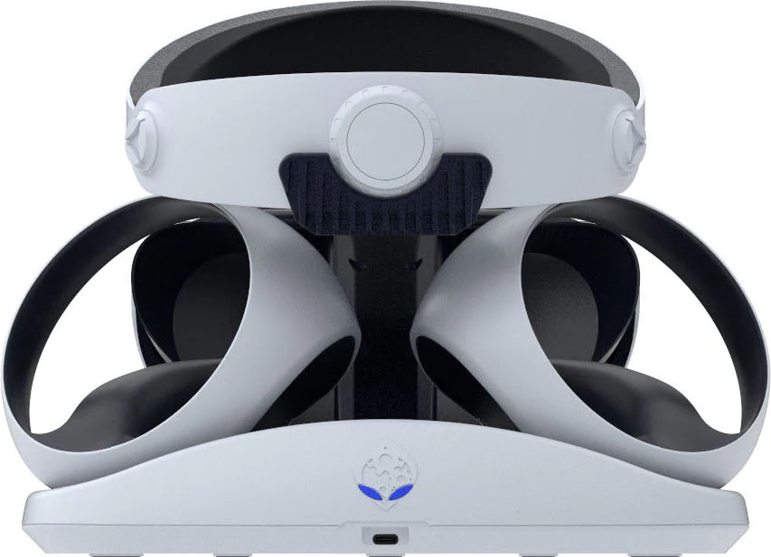 Cuffia VR bianca con controller e base, vista frontale.